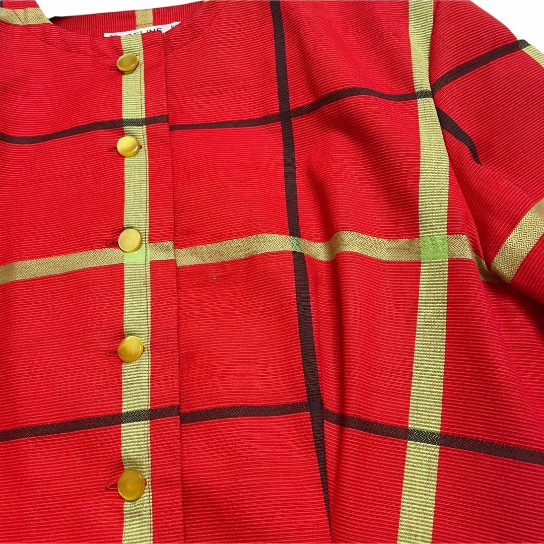 OLD CELINE ノーカラー ジャケット チェック 半袖 カラーレス