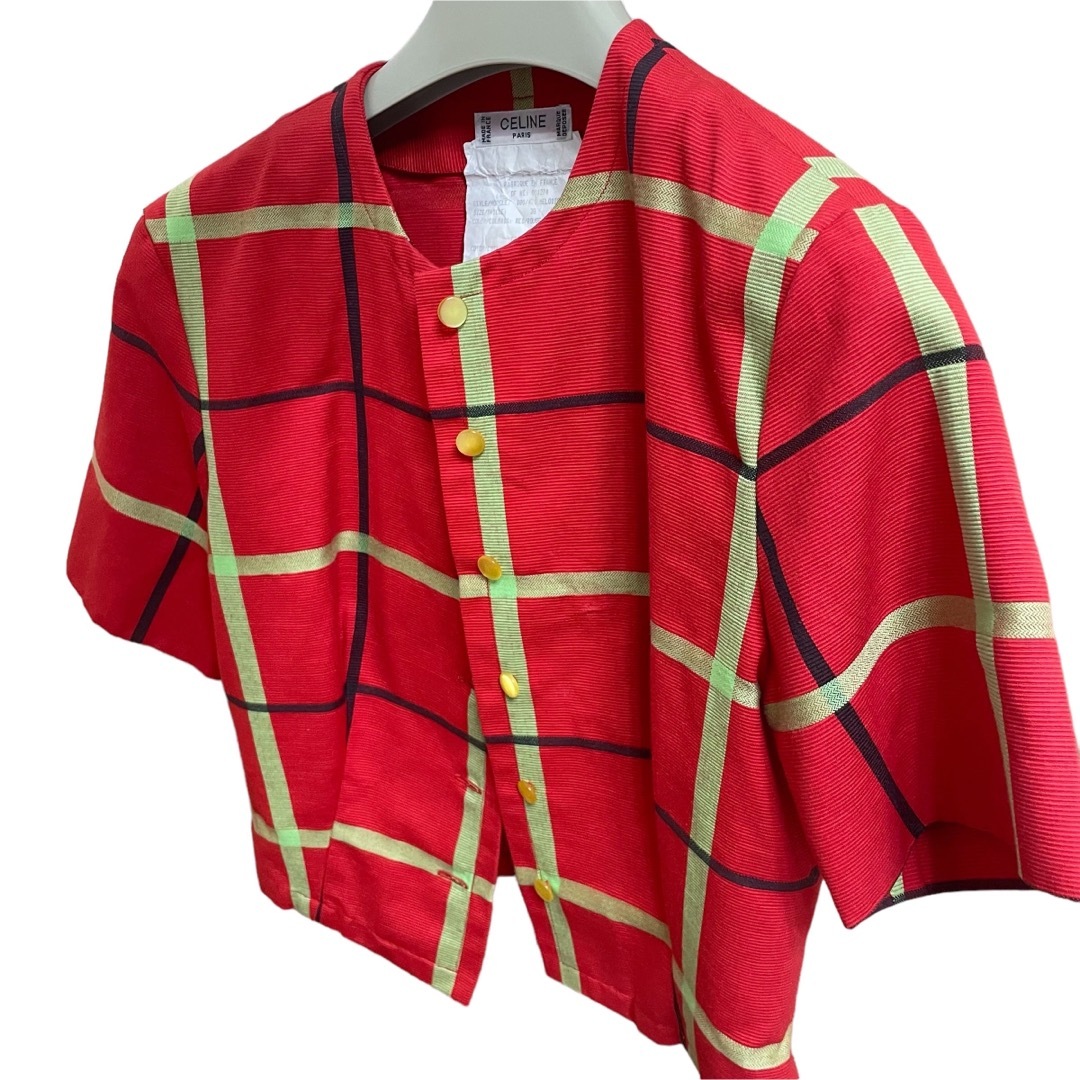 OLD CELINE ノーカラー ジャケット チェック 半袖 カラーレス