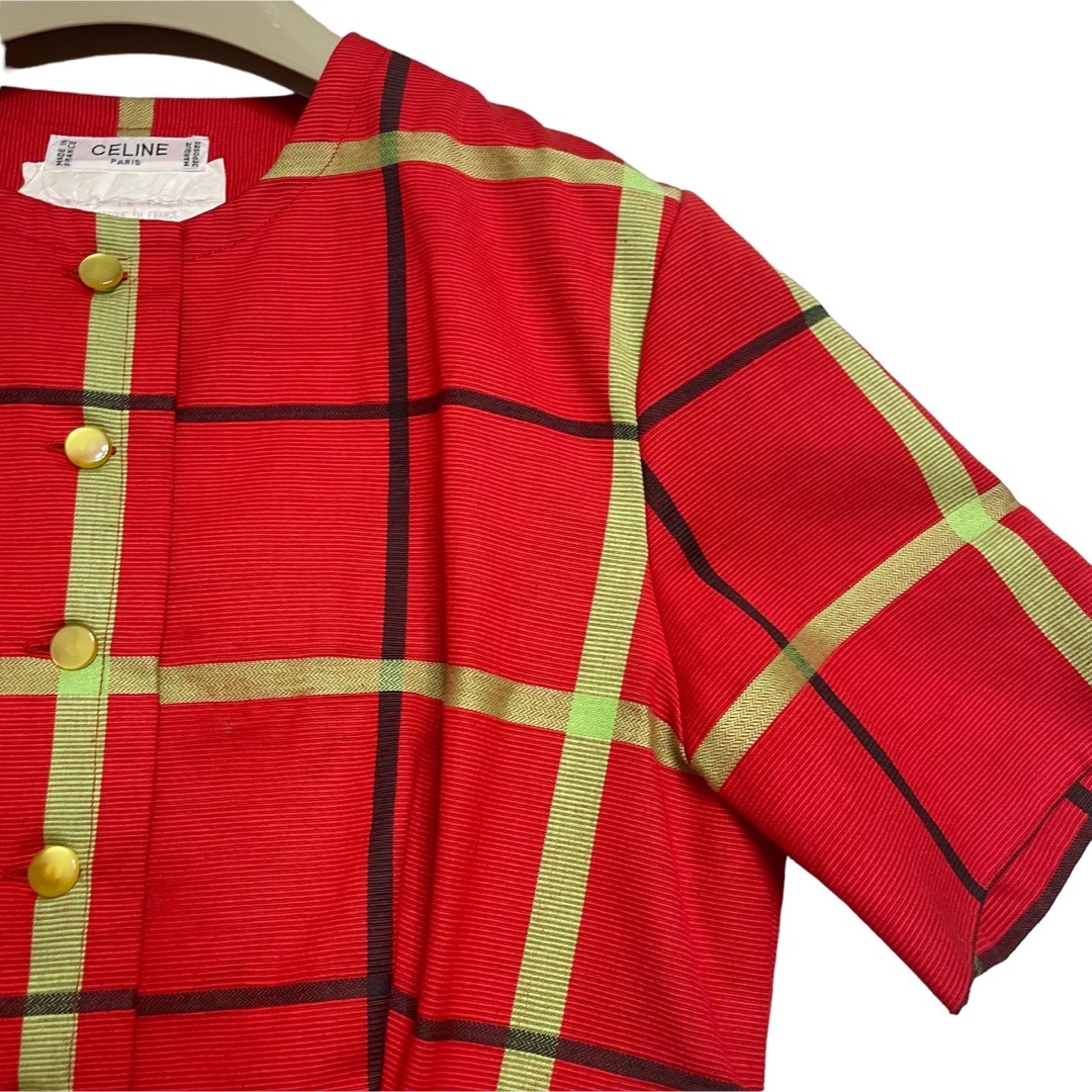 OLD CELINE ノーカラー ジャケット チェック 半袖 カラーレス