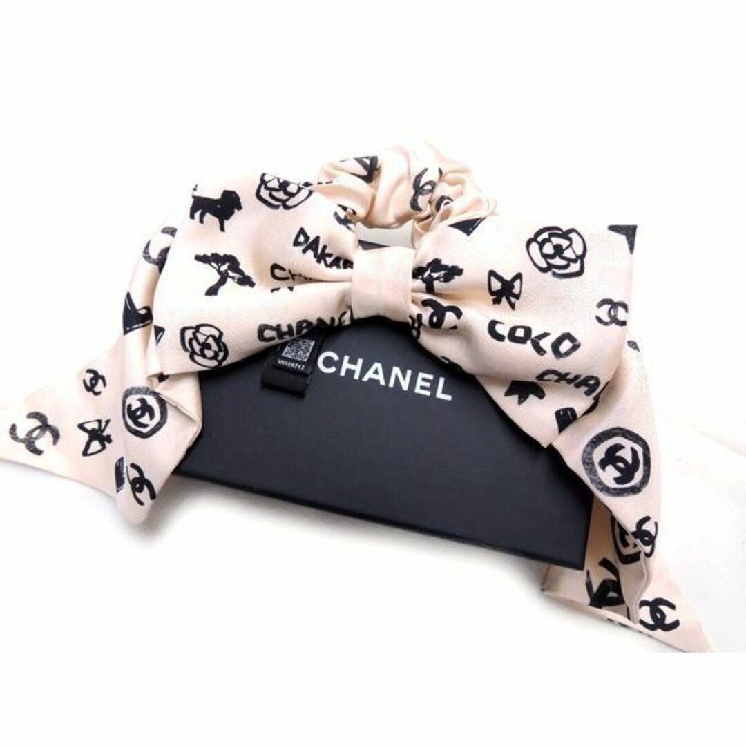 美品 シャネル CHANEL リボン シュシュ ■ ココマーク ピンク×ブラック シルク レディース □5H