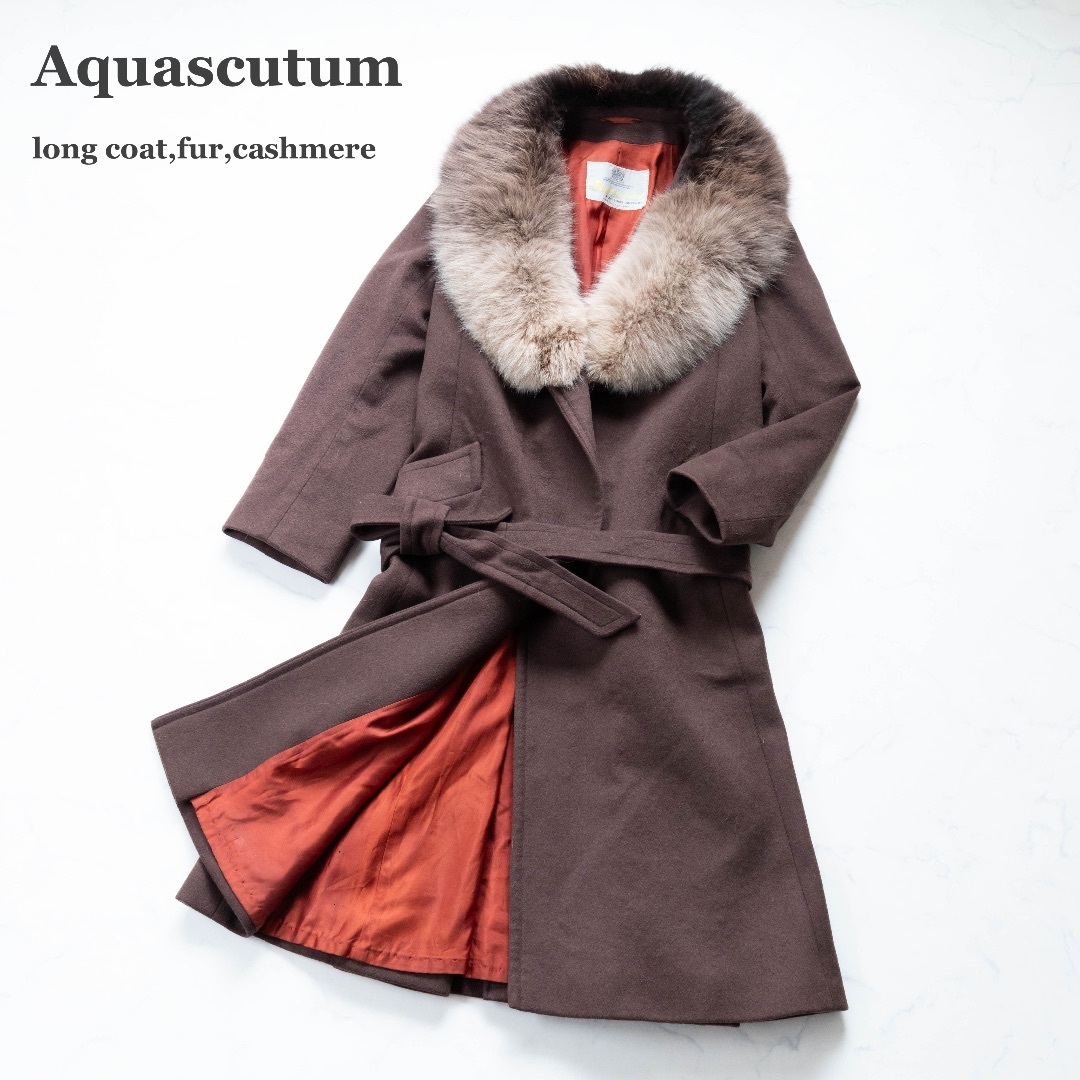 美品/アクアスキュータム ウール ベルテッドコート ファー Aquascutum