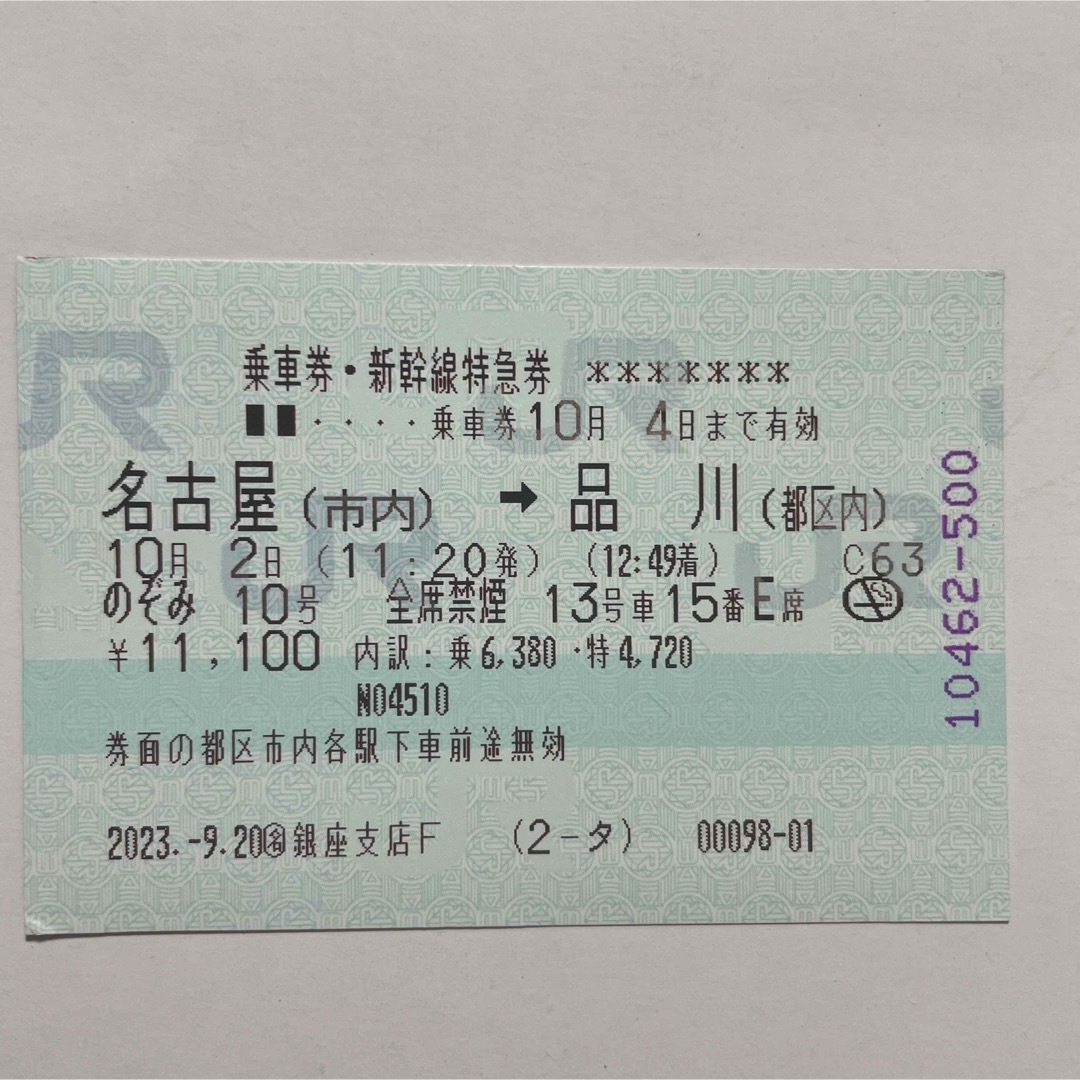 新幹線 指定席チケット 名古屋ー品川乗車券/交通券
