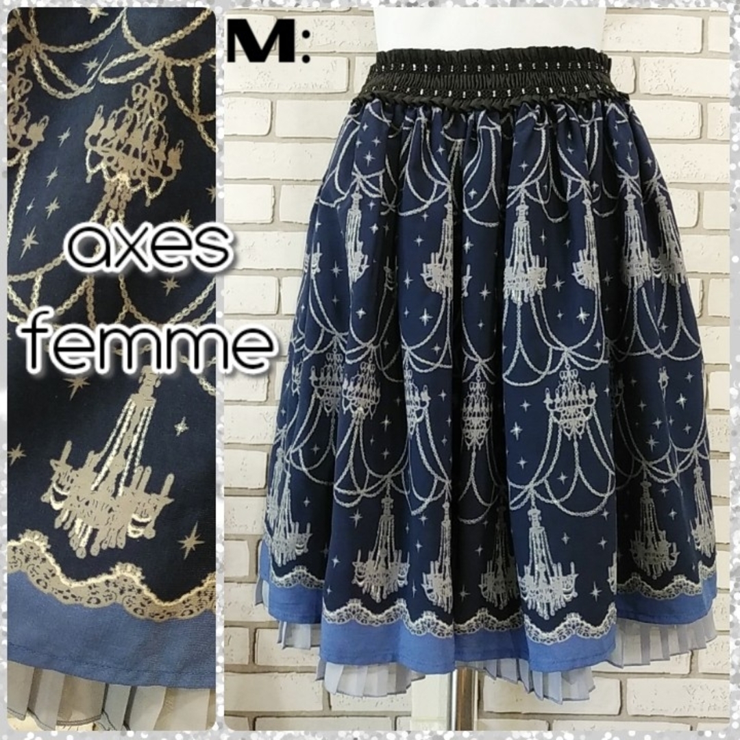 axes femme(アクシーズファム)のM：極美品★シャンデリア柄スカート／axes femme★ネイビー レディースのスカート(ひざ丈スカート)の商品写真