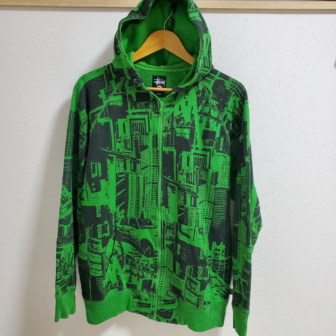 STUSSY  オールドステューシー パーカー　総柄　シティグラフィック　緑 3