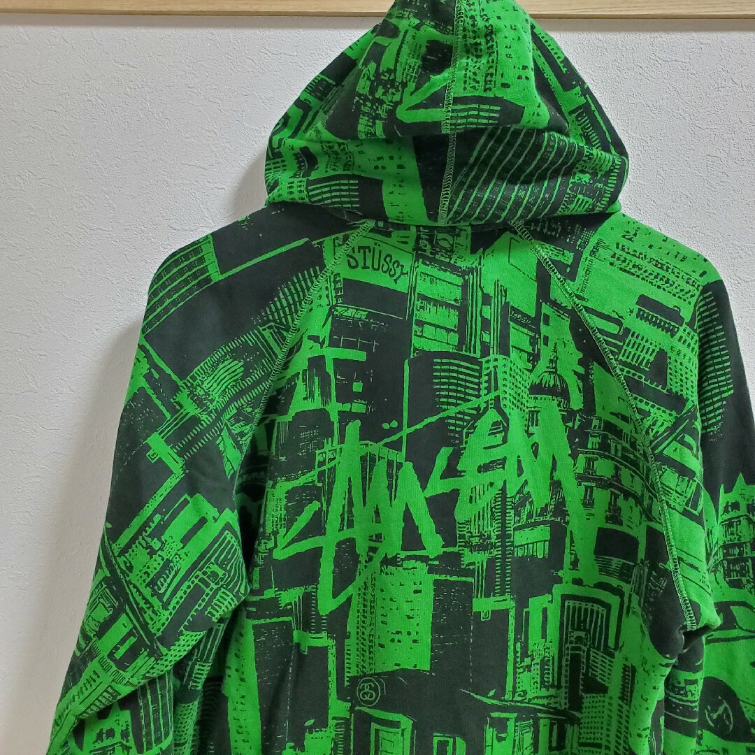 STUSSY  オールドステューシー パーカー　総柄　シティグラフィック　緑