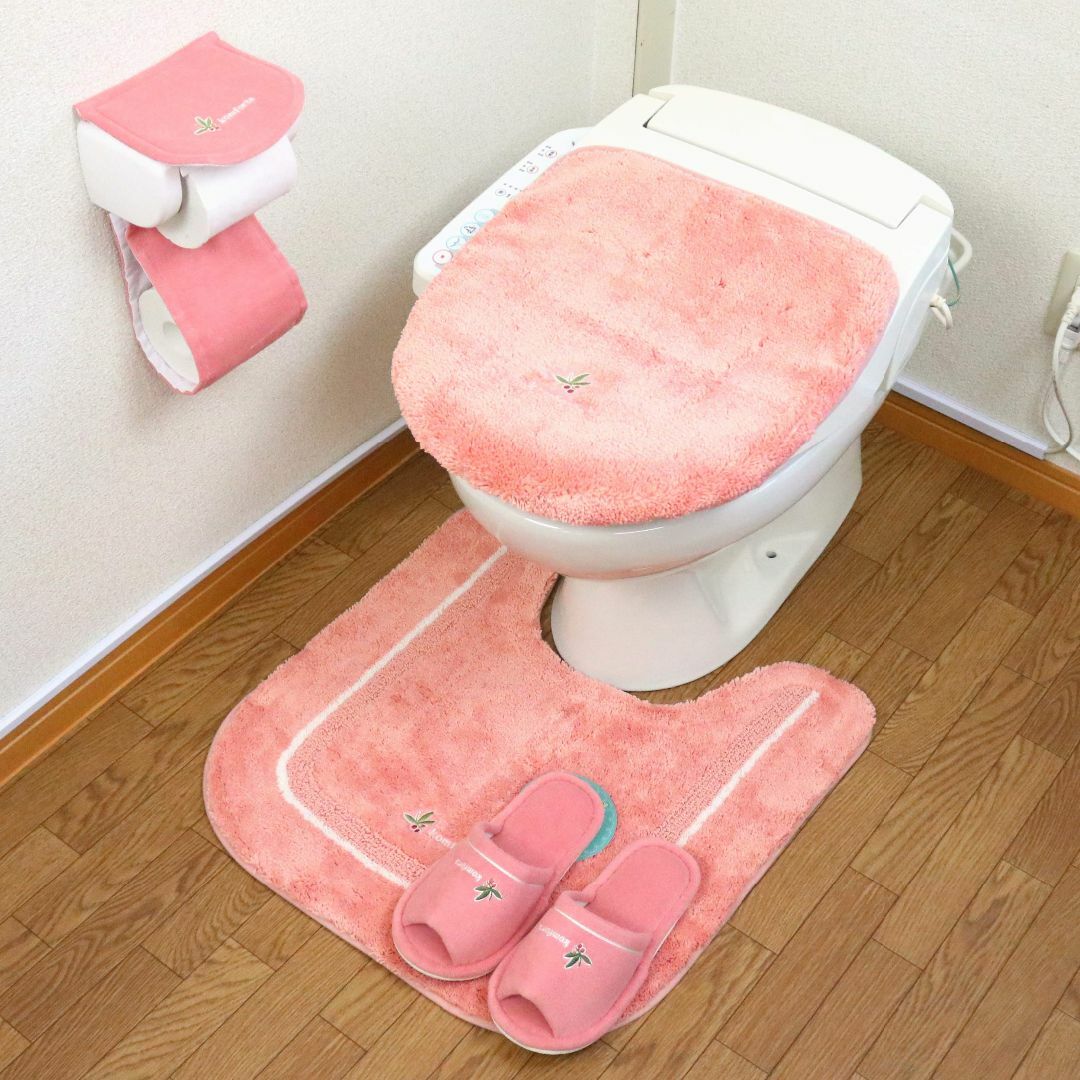 【色: ピンク】トイレマット ４点 セット ピンク 北欧 トイレマット＋兼用ふた