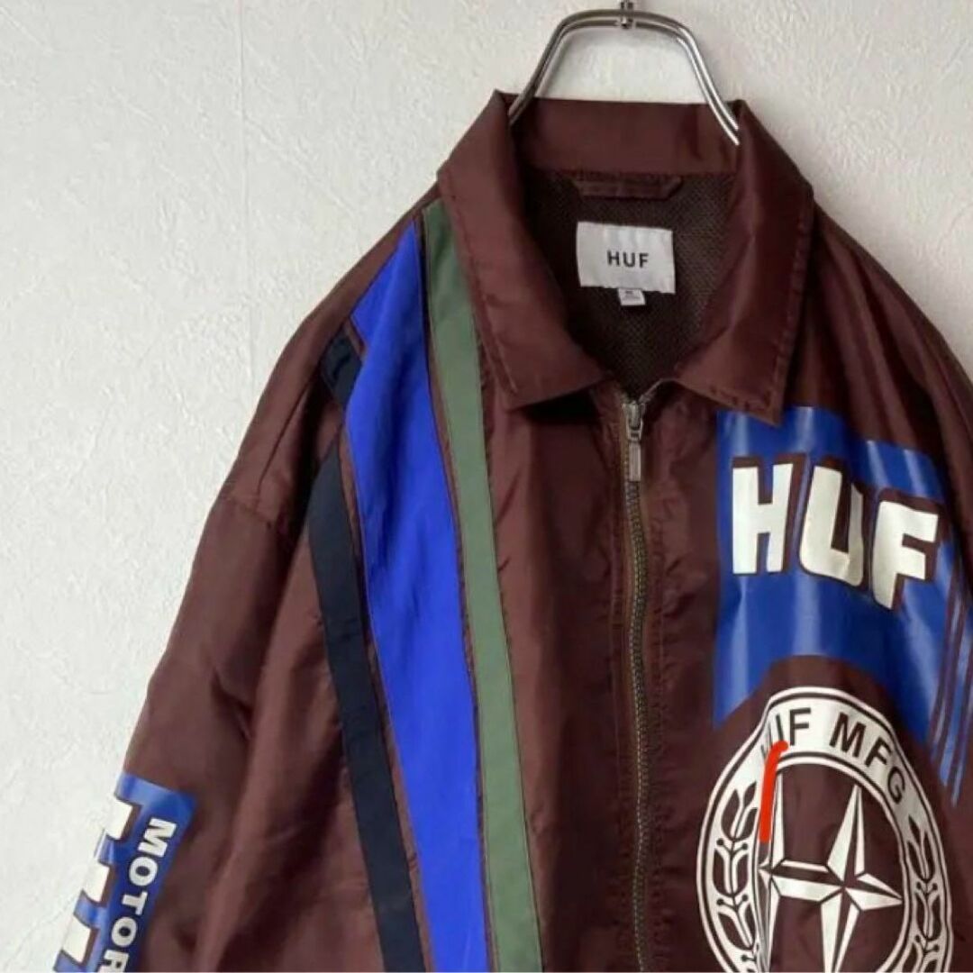 【人気ブラウン】HUFモーターデザイン古着ナイロンジャケット茶色ストリートMのサムネイル