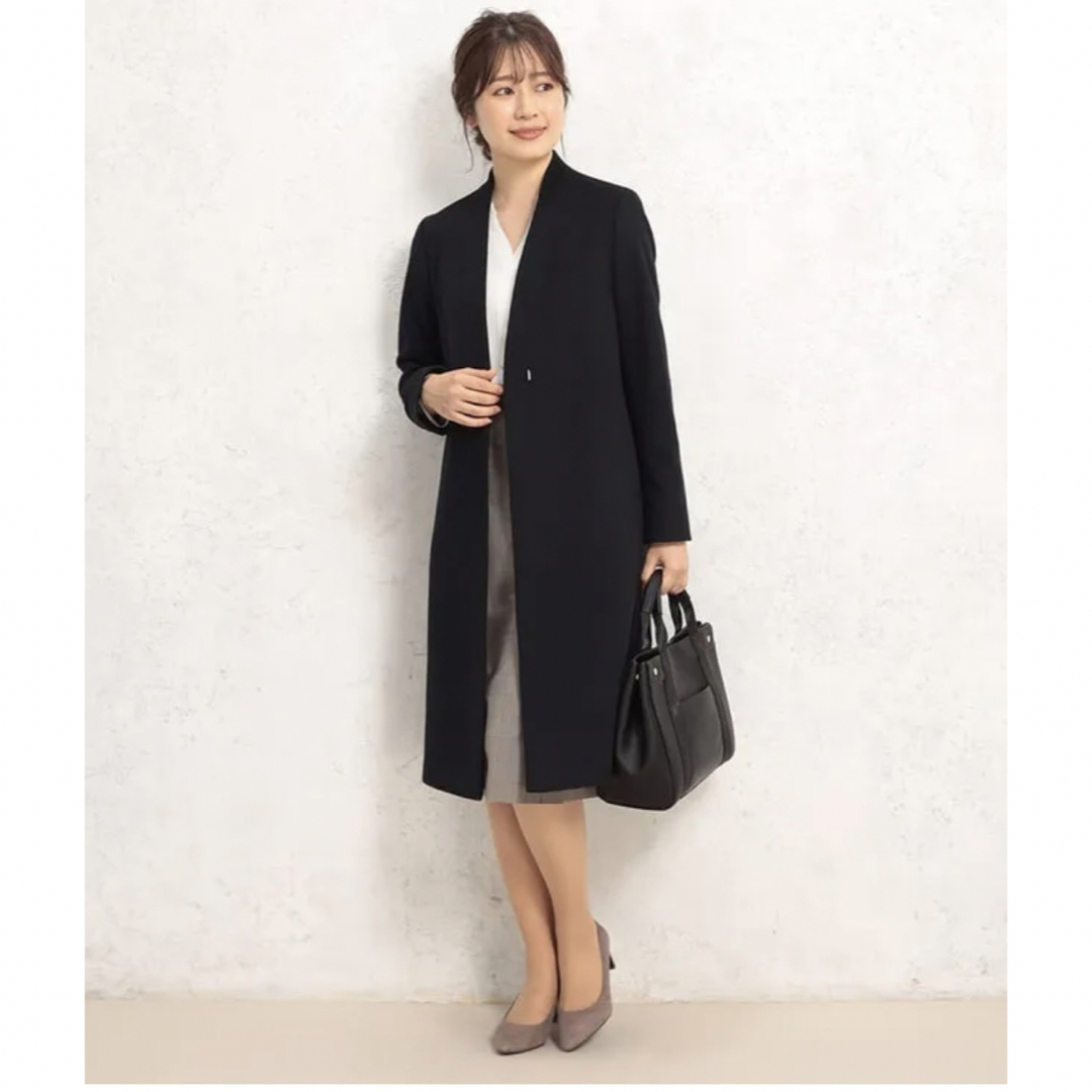 日本製素材 静電気防止 スタンドノーカラー ウール混コート 黒