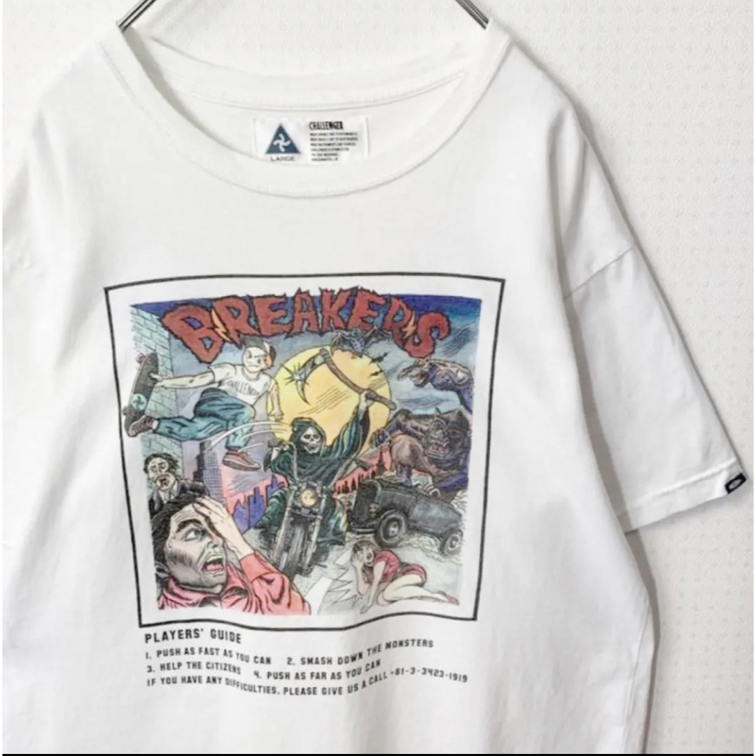 TENDERLOIN(テンダーロイン)の大人気　チャレンジャー　Tシャツ　ホワイト　L　プリント　日本製　コットン　古着 メンズのトップス(Tシャツ/カットソー(半袖/袖なし))の商品写真
