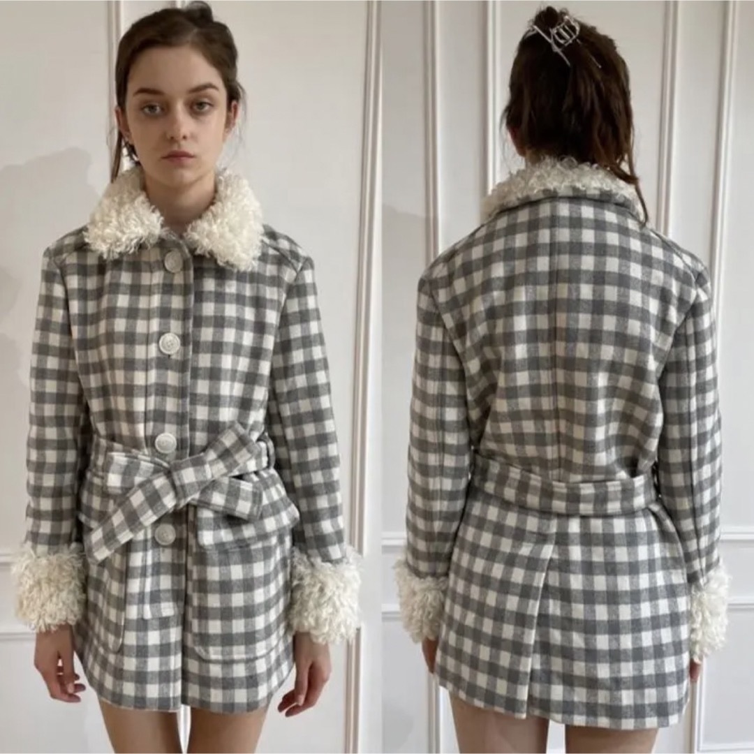 epine poodle fur coat gray check 2