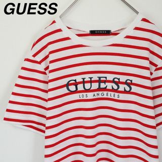 ゲス(GUESS)の【ボーダー柄】ゲス／ボーダーTシャツ　美品　デカロゴ　赤×白　Mサイズ　アメカジ(Tシャツ/カットソー(半袖/袖なし))