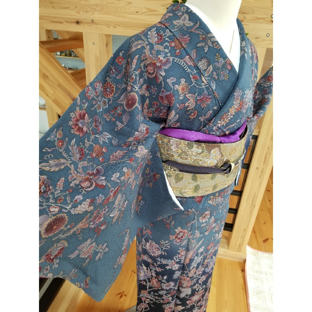 美品 総柄 縮緬 ちりめん エキゾチック 唐花 訪問着 正絹 - 着物