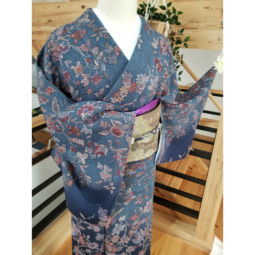 美品 総柄 縮緬 ちりめん エキゾチック 唐花 訪問着 正絹 - 着物