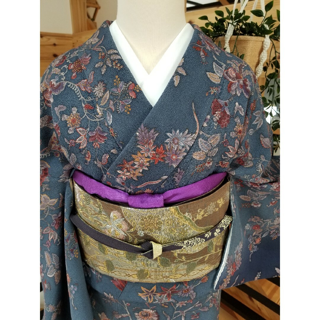 美品 総柄 縮緬 ちりめん エキゾチック 唐花 訪問着 正絹 - 着物
