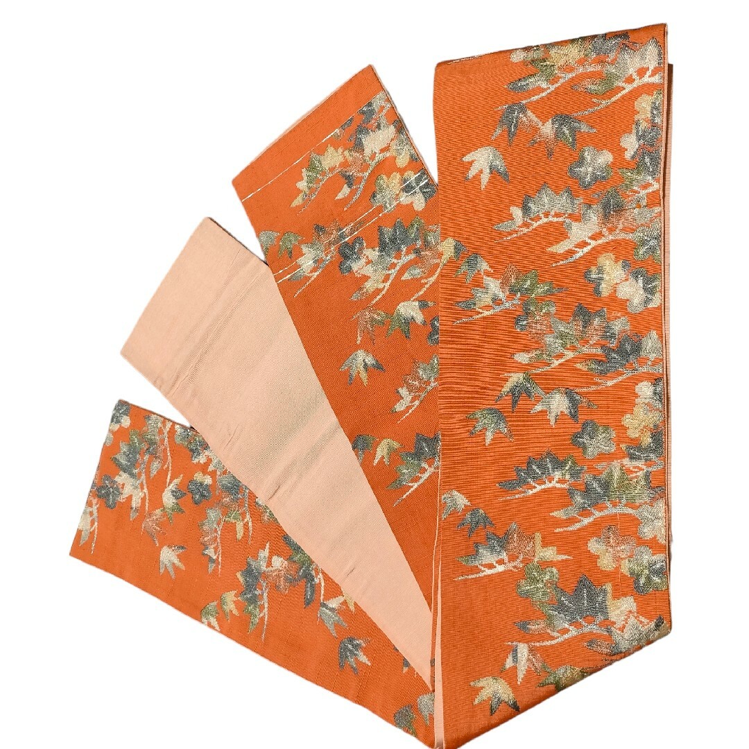 半幅帯　ゆかたの帯　オレンジ橙色　正絹　古典柄　松竹梅　縁起が良い | フリマアプリ ラクマ