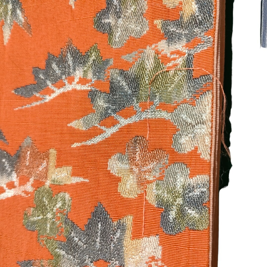 半幅帯　ゆかたの帯　オレンジ橙色　正絹　古典柄　松竹梅　縁起が良い