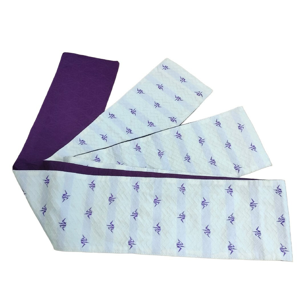 半幅帯　浴衣の帯　折り鶴　折鶴ストライプ縦縞　紫パープル白ホワイト　ポリエステル