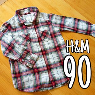 エイチアンドエム(H&M)のレース飾り付　チェックシャツ　赤　90　エイチアンドエム　長袖　カジュアルシャツ(ブラウス)