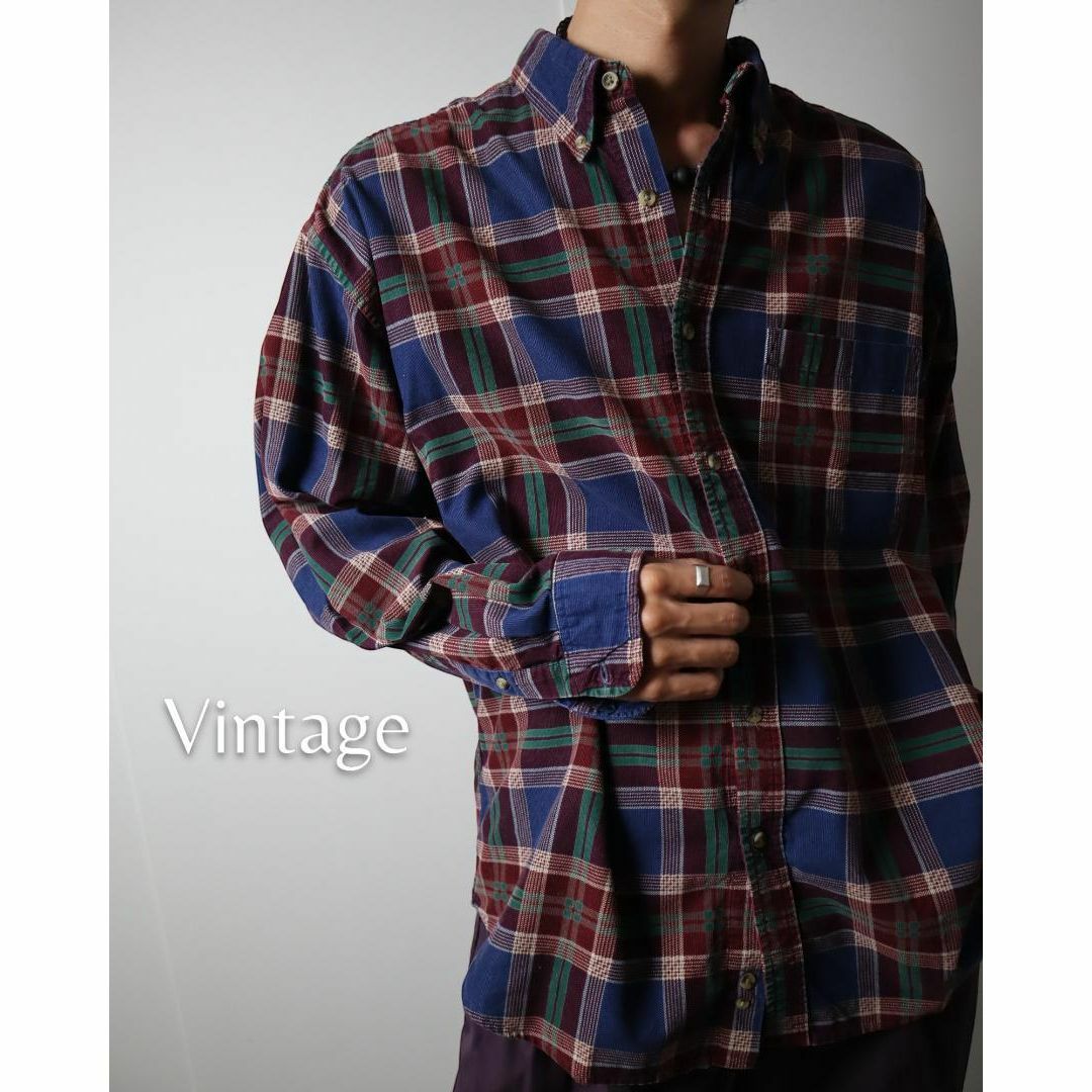 ART VINTAGE(アートヴィンテージ)の【vintage】タータンチェック コーデュロイ ボタンダウン 長袖シャツ XL メンズのトップス(シャツ)の商品写真