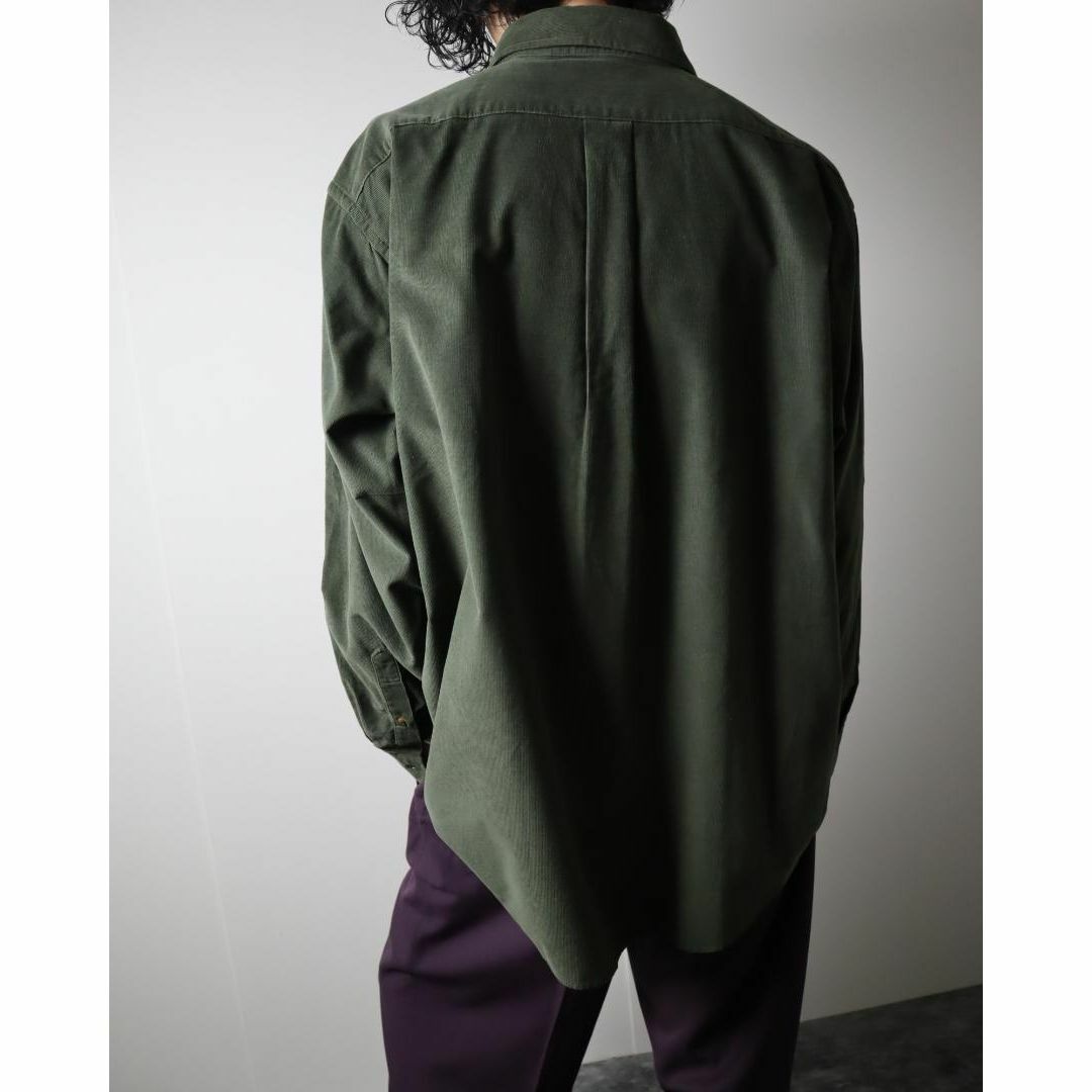 【vintage】コーデュロイ ボタンダウン ルーズ 長袖シャツ 深緑 XL 1