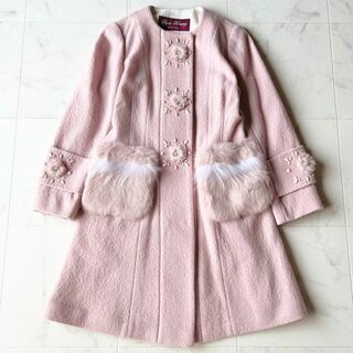【美品】super beauty  ビジュー付きノーカラーコート　ピンク　40