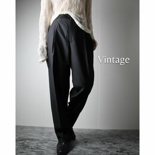 【vintage】サテン サイドライン ウール 2タック ワイド スラックス 黒