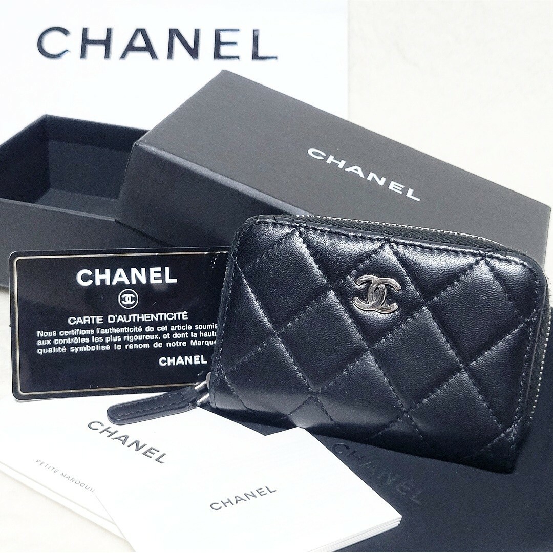 【良品】CHANEL　マトラッセ コインケース ラウンドジップ ラムスキン 黒