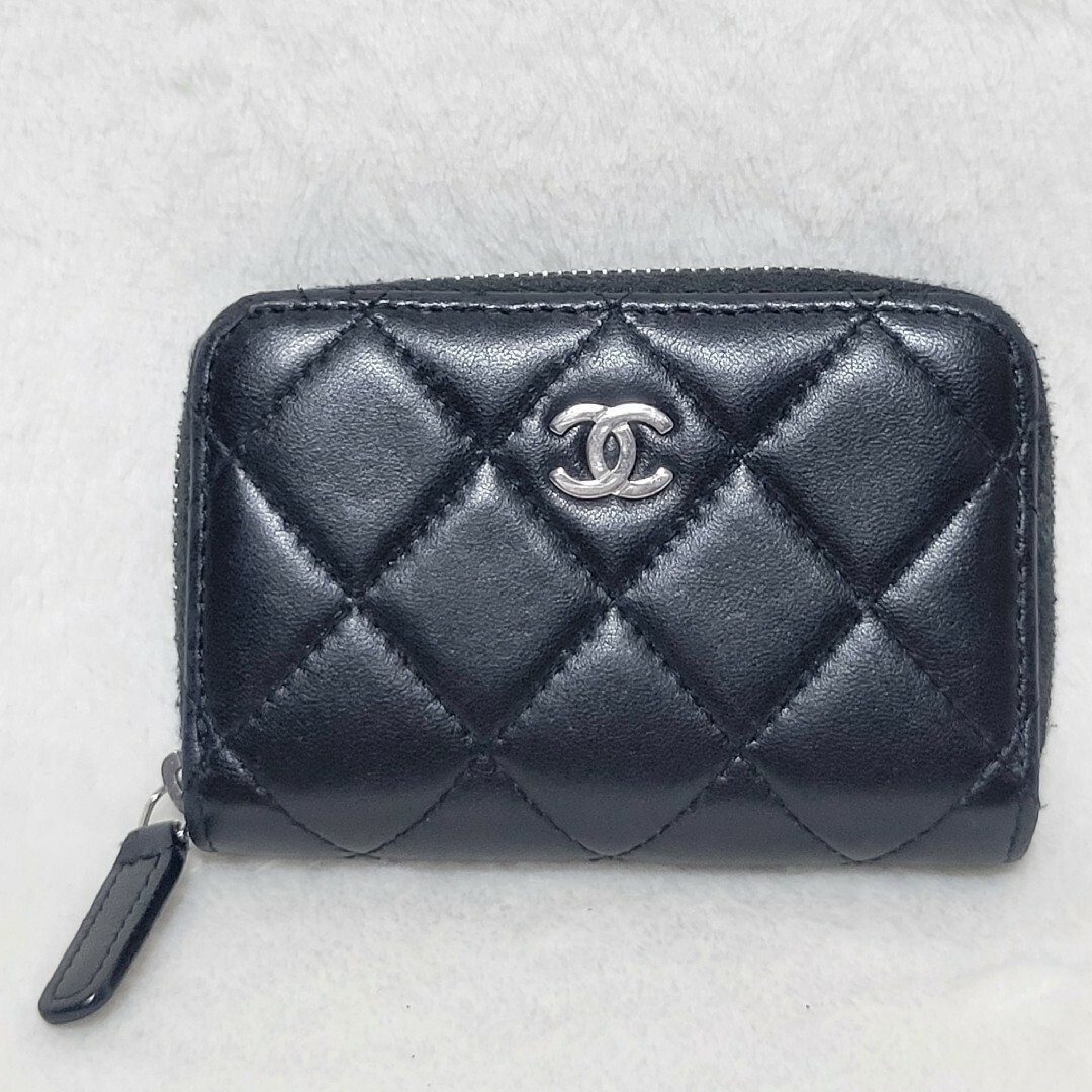 【良品】CHANEL　マトラッセ コインケース ラウンドジップ ラムスキン 黒