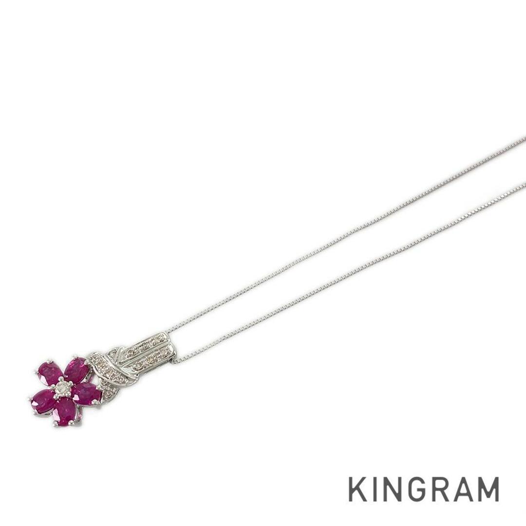 ネックレス K18WG ルビー ダイヤモンド フラワー 花ネックレス