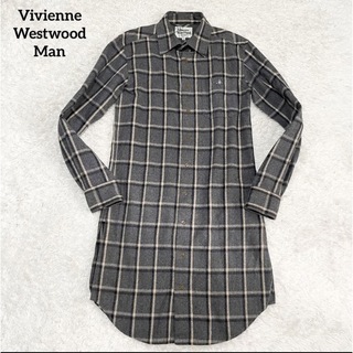 ヴィヴィアンウエストウッド(Vivienne Westwood)のヴィヴィアンウエストウッドマン　ロングシャツ　オーブ刺繍　チェック　襟元変形(シャツ)