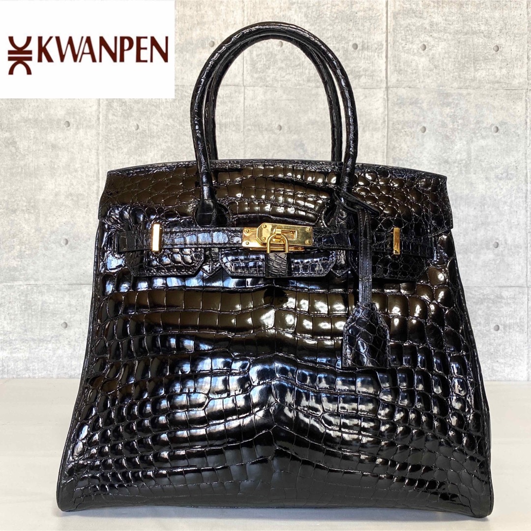 【美品】KWANPEN シャイニングクロコダイル 黒 ゴールド金具 ハンドバッグ