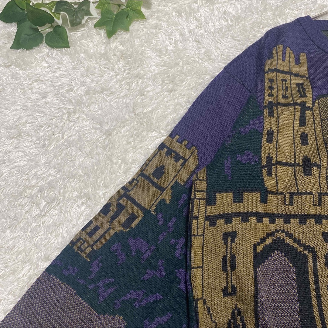 柄ニット 総柄 デザインニット 古着 レトロ お洒落 幾何学柄 刺繍 風景