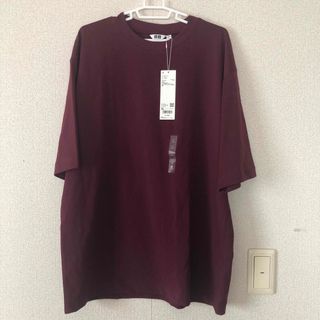 ユニクロ(UNIQLO)のUNIQLOメンズ5部袖クルーネックＴシャツ赤紫XL(Tシャツ/カットソー(半袖/袖なし))