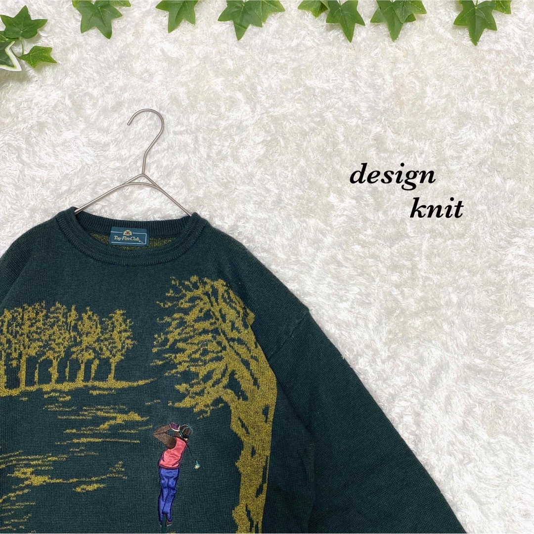 柄ニット 総柄 デザインニット 古着 レトロ お洒落 刺繍 風景 人柄 | フリマアプリ ラクマ