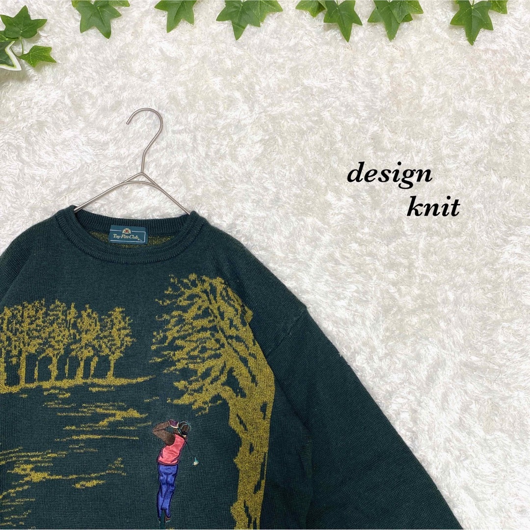 柄ニット　総柄　デザインニット　古着　レトロ　お洒落　刺繍　風景　人柄 メンズのトップス(ニット/セーター)の商品写真