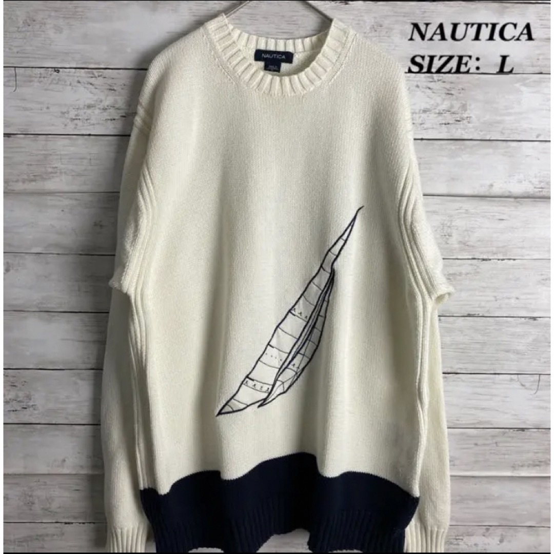 デカロゴ》NAUTICA ノーティカ ニット L 長袖 白色 おしゃれ 冬 L ...