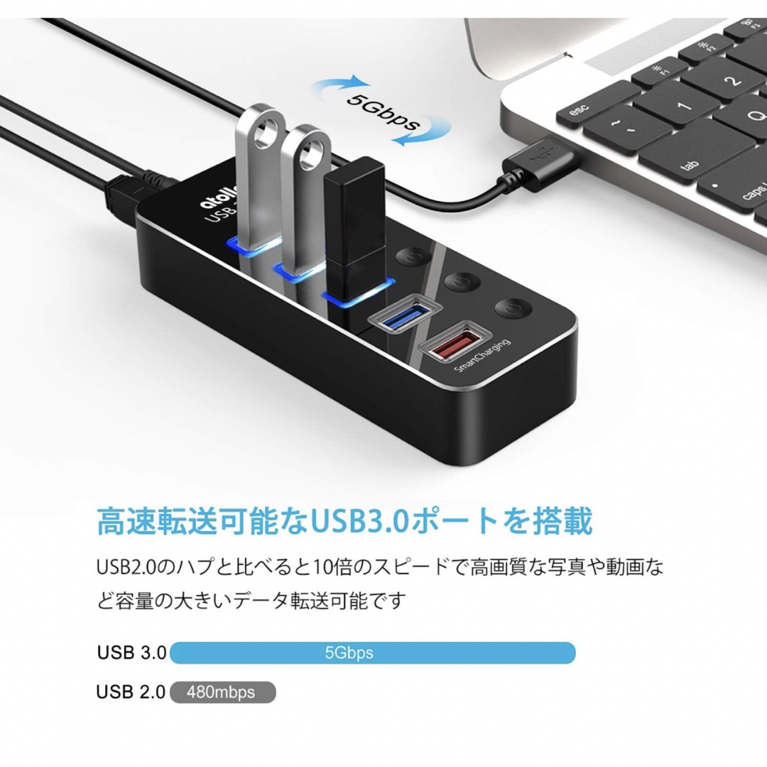 USB3.0ハブ 電源付き、アルミニウム usbハブ セルフパワー、4ポート ...