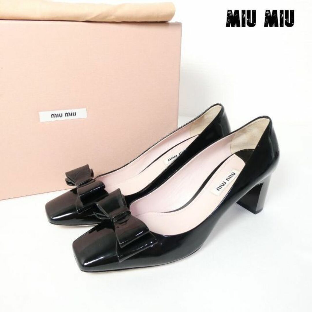 極美品 MIU MIU エナメル リボン ビジュー スクエアトゥ パンプス