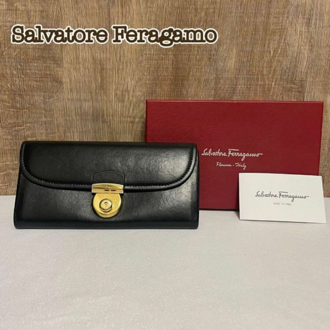 【美品】Ferragamo フェラガモ 折り財布 ヴァラ クロコ ブラック