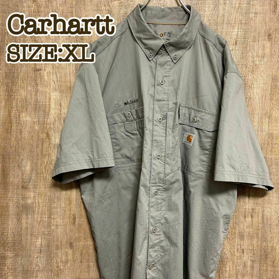 Carhartt カーハート　ワークシャツ　グレー　ワンポイント　企業ロゴ　XL