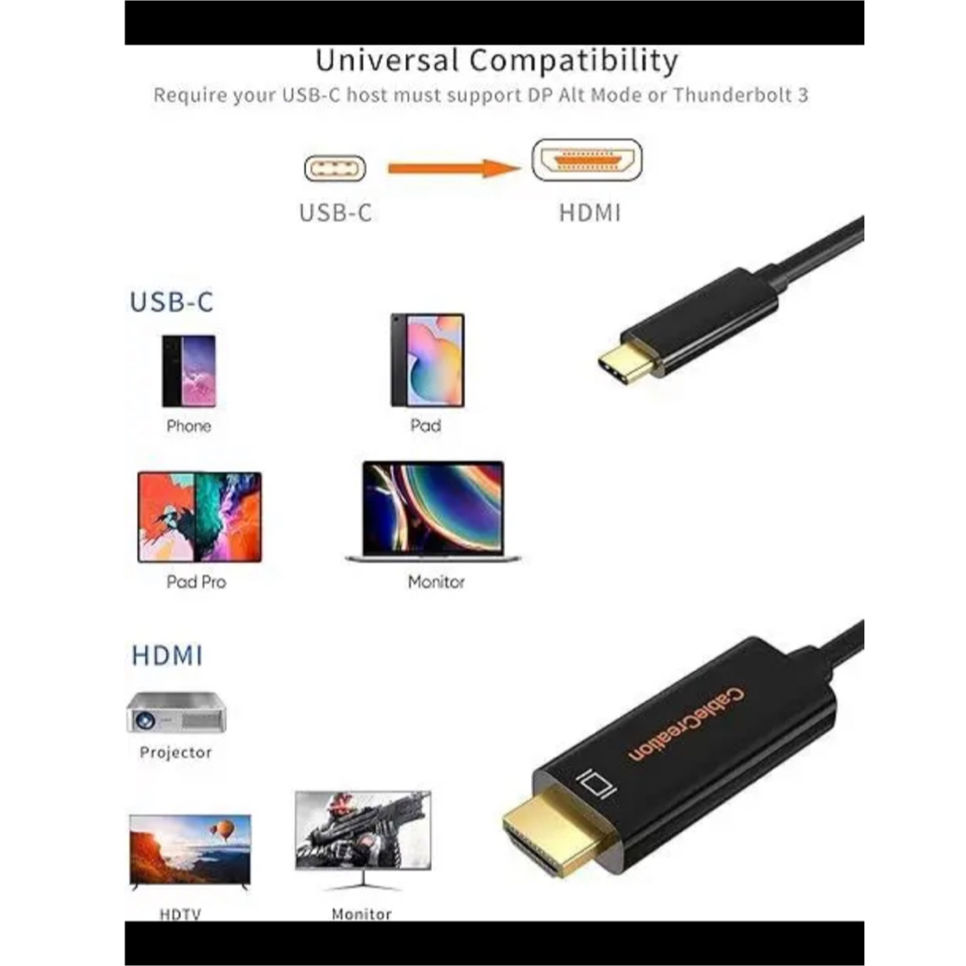 USB Type-C/HDMI 映像変換ケーブル 4K @60Hz HDMI スマホ/家電/カメラのテレビ/映像機器(映像用ケーブル)の商品写真