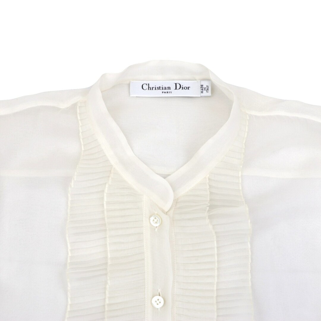 美品 クリスチャンディオール シアー プリーツフリルブラウス レディース オフホワイト 42 シルク シースルー ブザムシャツ Christian Dior