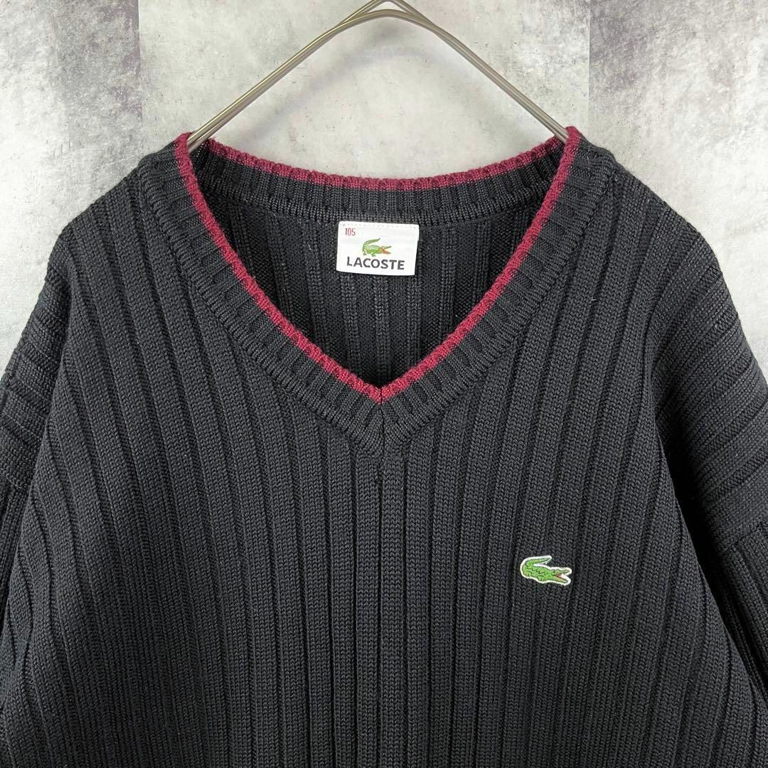 ラコステ チルデン Ｖネック ウールニットセーター ブラック 刺繍ロゴ L-