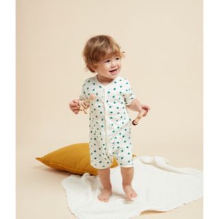 プチバトー(PETIT BATEAU)のプチバトー　半袖　新生児　前開き　コットンリネンショートロンパース_ヤシの葉(ロンパース)