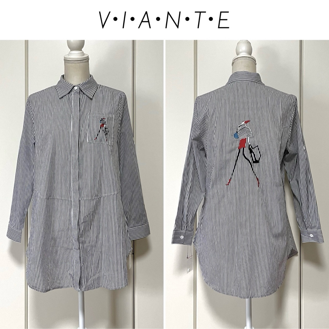 【新品】V•I•A•N•T•E 女の子刺繍 ストライプロングシャツ レディースのトップス(シャツ/ブラウス(長袖/七分))の商品写真