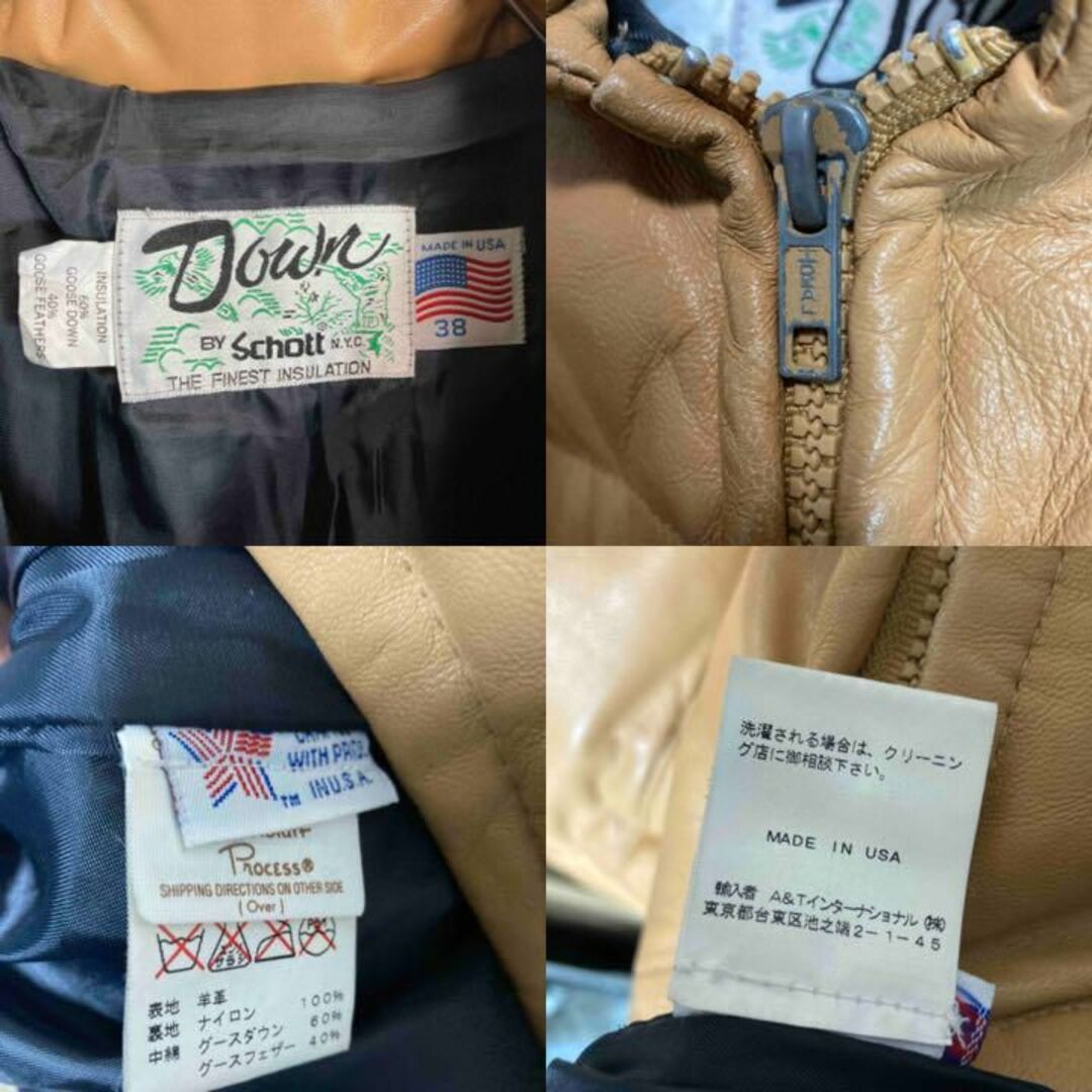 90s USA製 SCHOTT ショット　レザー　ダウンジャケット　38 茶 7