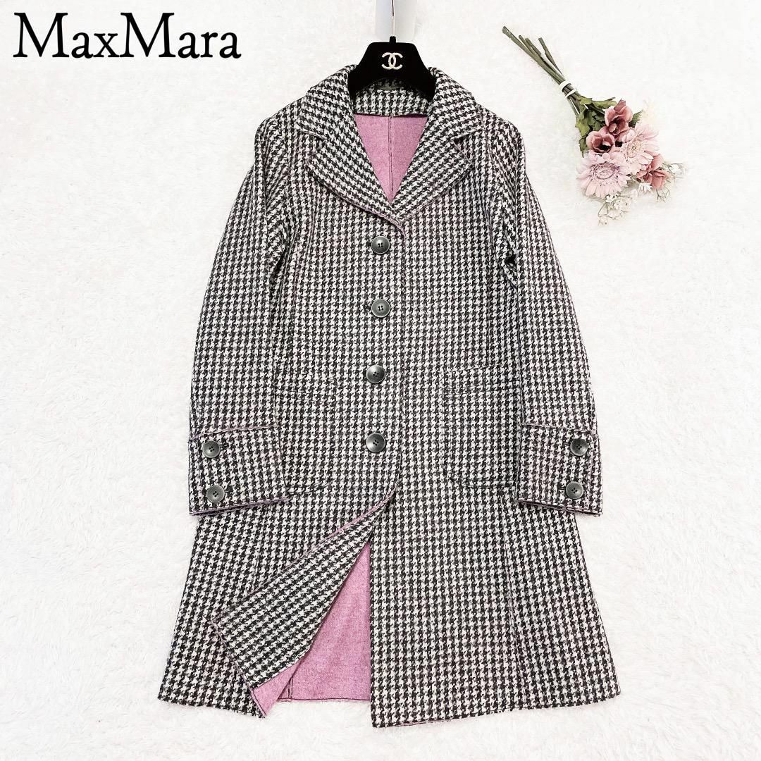 Max Mara(マックスマーラ)の美品◆MaxMara◆千鳥柄×ピンクパープル　バイカラー　ロングコート　総柄 レディースのジャケット/アウター(ロングコート)の商品写真