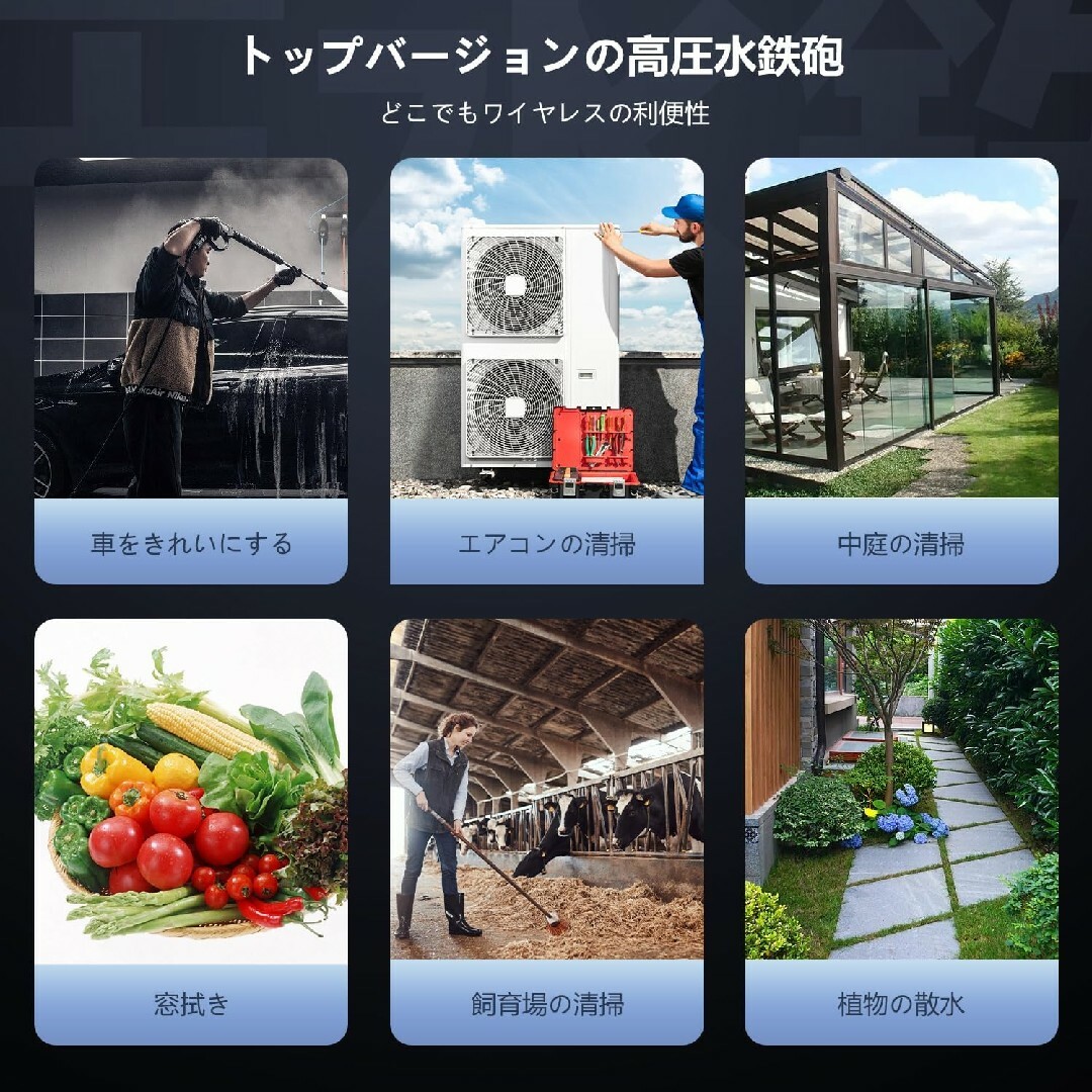 高圧洗浄機　散水　コードレス　バッテリー付き　洗車　掃除　車