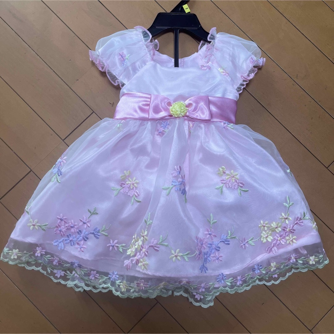 ピンク　花柄　リボン　チュール　ドレス　パンツ付き　18M 80cm♡ キッズ/ベビー/マタニティのキッズ服女の子用(90cm~)(ドレス/フォーマル)の商品写真