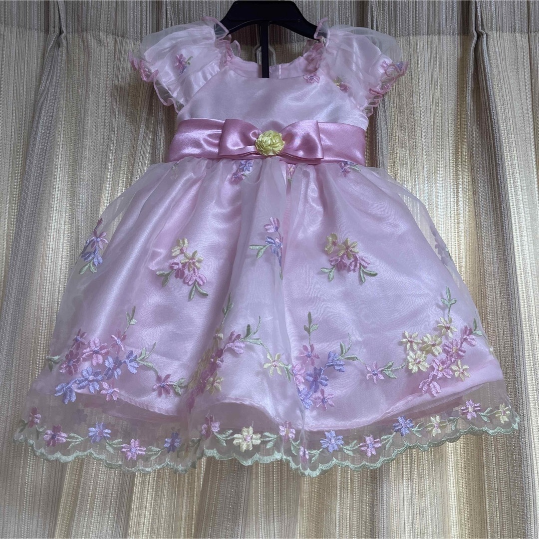 ピンク　花柄　リボン　チュール　ドレス　パンツ付き　18M 80cm♡ キッズ/ベビー/マタニティのキッズ服女の子用(90cm~)(ドレス/フォーマル)の商品写真